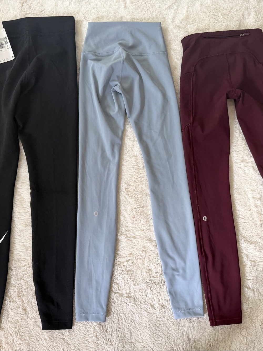 lululemon athletica Kids Leggings Trio in Black, Light Blue, and Burgundy